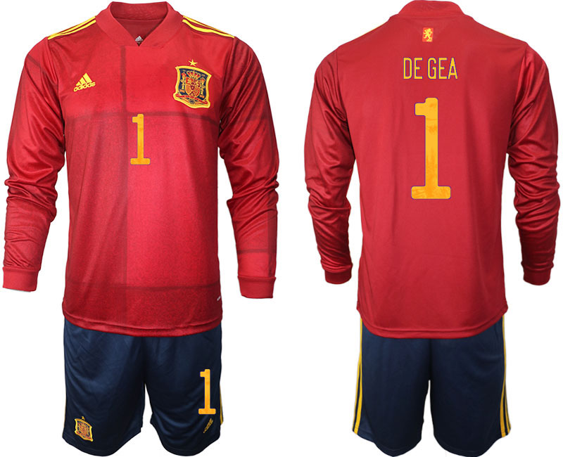 Cheap Men 2021 European Cup Spain home Long sleeve 1 De Gea soccer jerseys